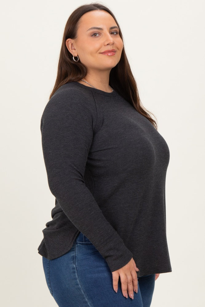 Charcoal Baby Waffle Knit Long Sleeve Plus Top