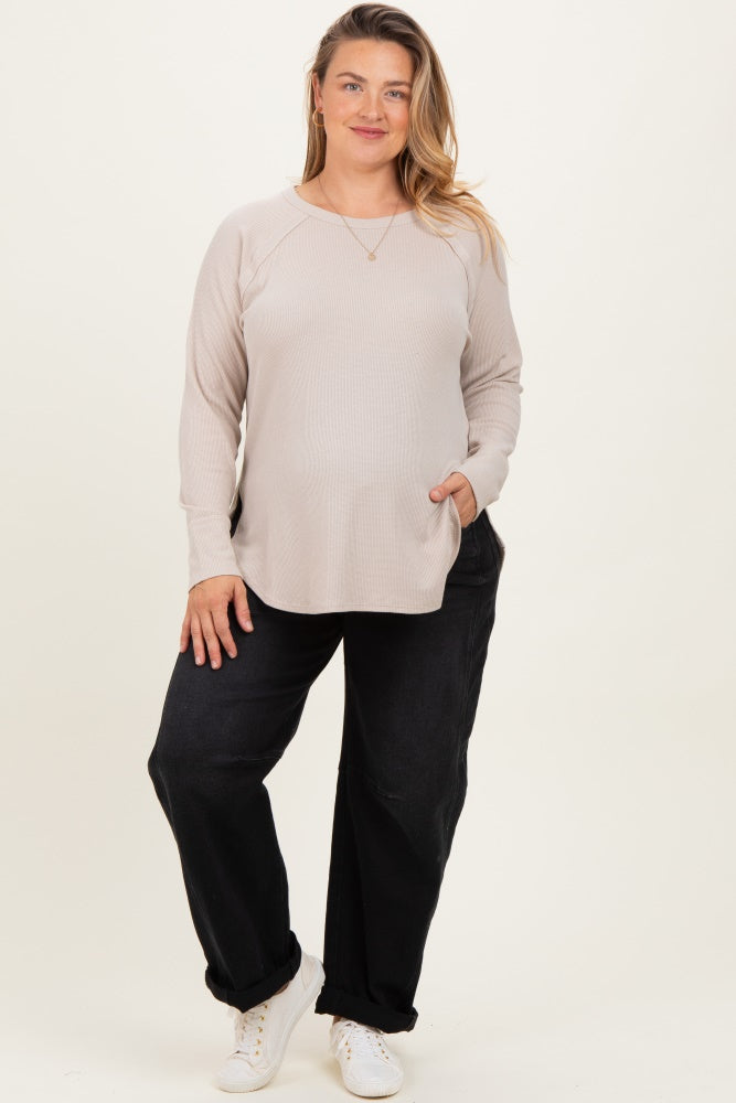 Cream Baby Waffle Knit Long Sleeve Maternity Plus Top