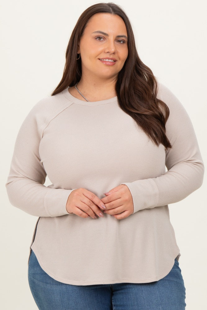 Cream Baby Waffle Knit Long Sleeve Plus Top