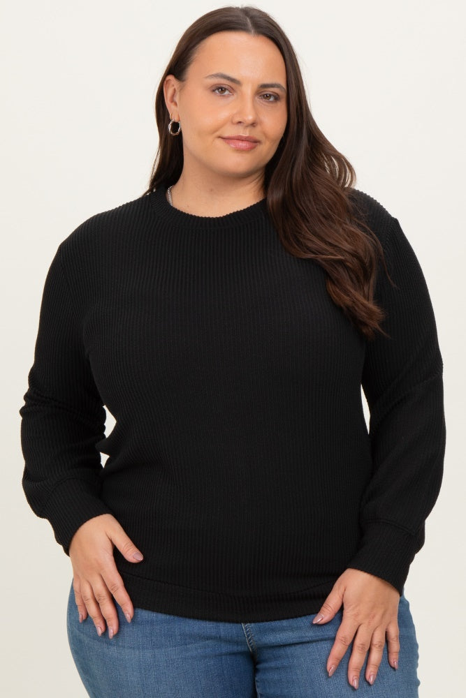 Black Textured Ribbed Long Sleeve Plus Top