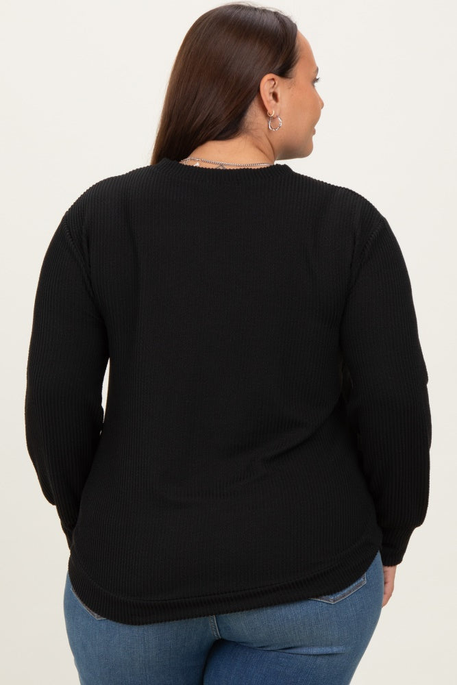 Black Textured Ribbed Long Sleeve Plus Top