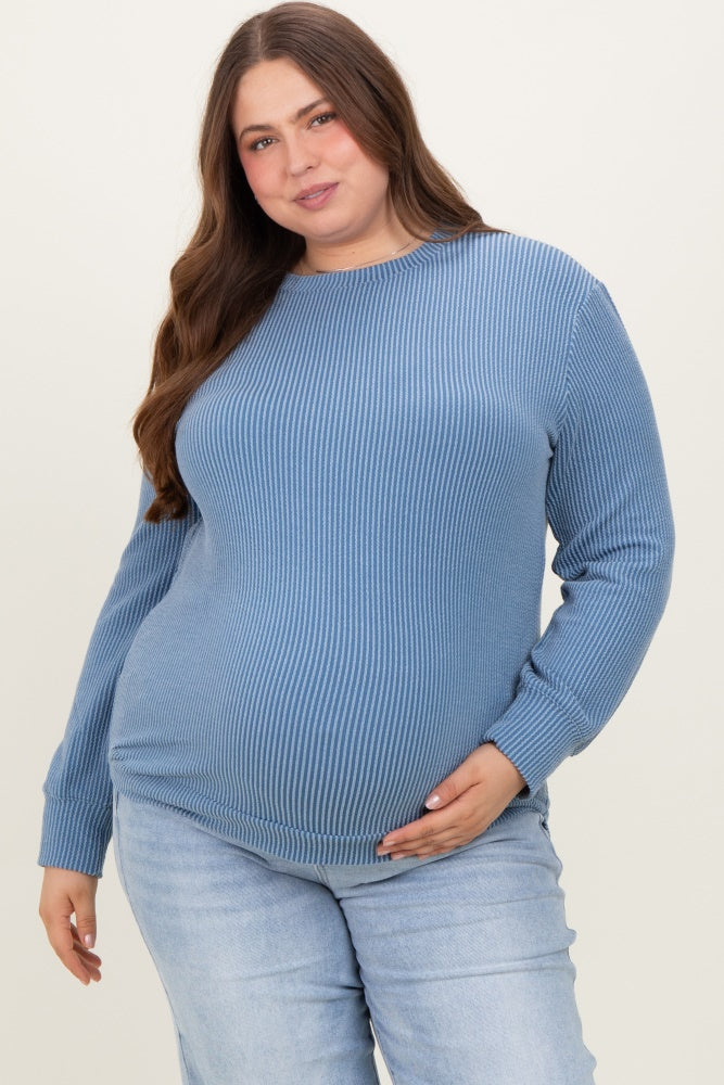 Blue Textured Ribbed Long Sleeve Maternity Plus Top