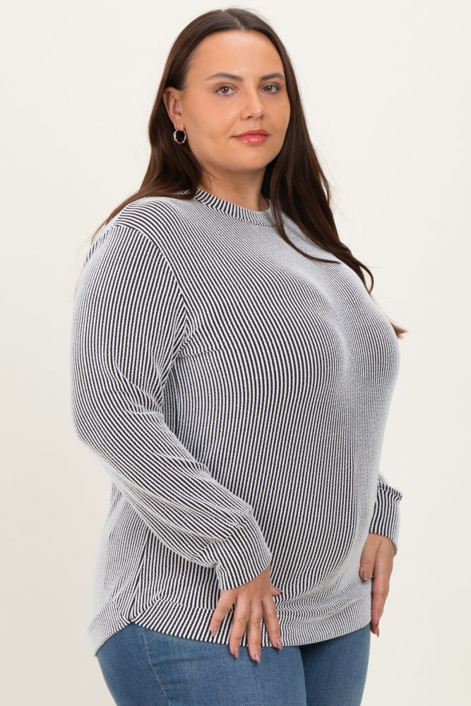 White Stripe Textured Ribbed Long Sleeve Plus Top