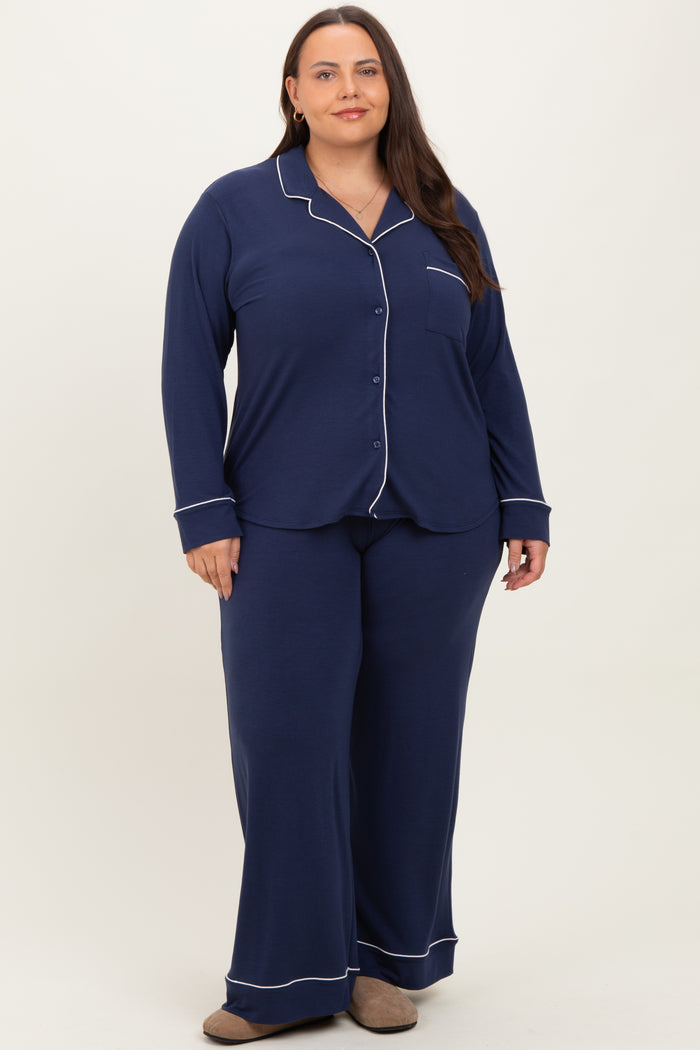 Navy Button Down Top Wide Leg Pant Plus Pajama Set