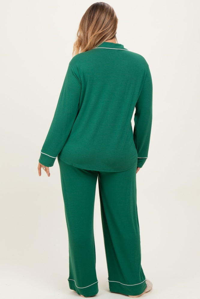 woman wearing a green maternity plus pajama set with long sleeves and pants, shown from the back