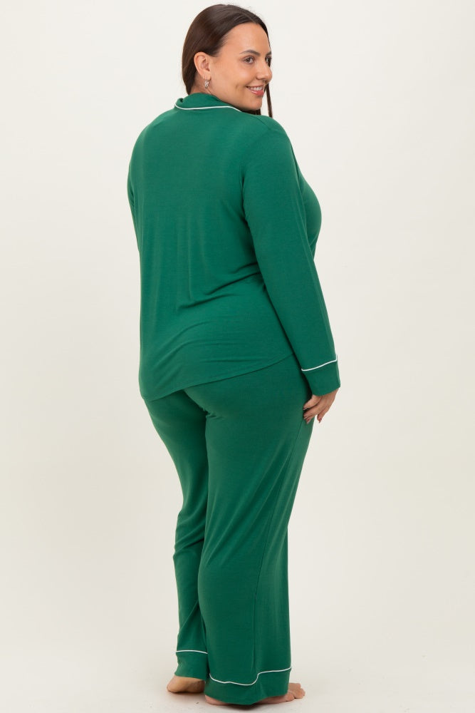 woman wearing a green long sleeve plus size pajama set with white piping, showing a relaxed fit from the back