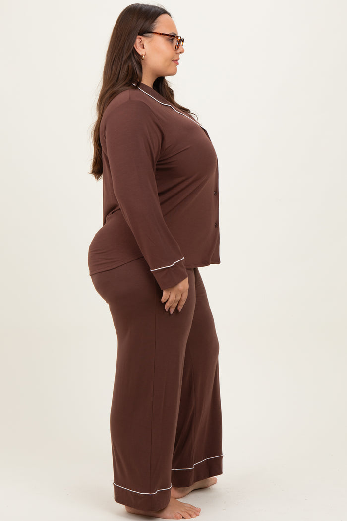 Brown Button Down Top Wide Leg Pant Plus Pajama Set