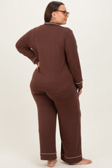 Brown Button Down Top Wide Leg Pant Plus Pajama Set