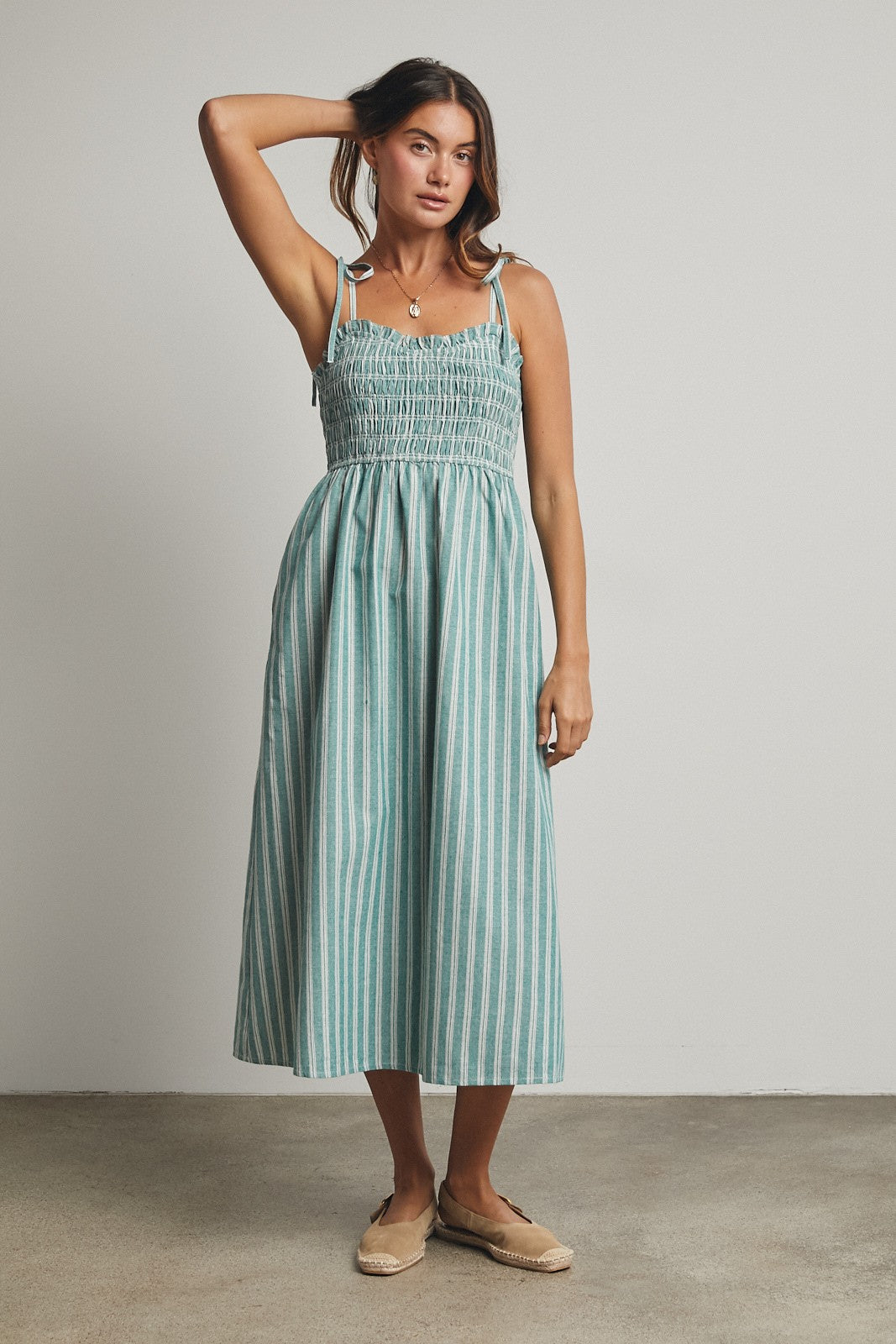 Jade Green Striped Smocked Shoulder Tie Midi Dress