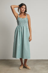 Jade Green Striped Smocked Shoulder Tie Midi Dress