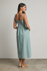 Jade Green Striped Smocked Shoulder Tie Midi Dress