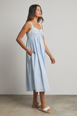Blue Ruffle Trim Sweetheart Neckline Midi Dress