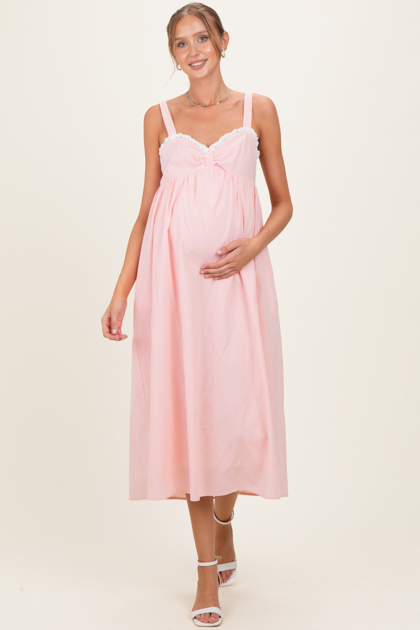 Peach Ruffle Trim Sweetheart Neckline Maternity Midi Dress