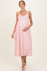 Peach Ruffle Trim Sweetheart Neckline Maternity Midi Dress
