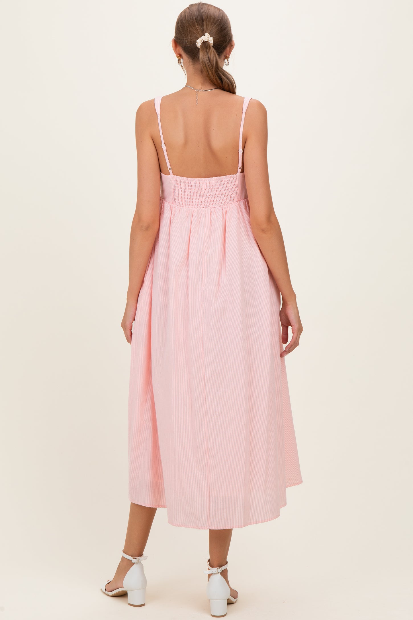 Peach Ruffle Trim Sweetheart Neckline Maternity Midi Dress