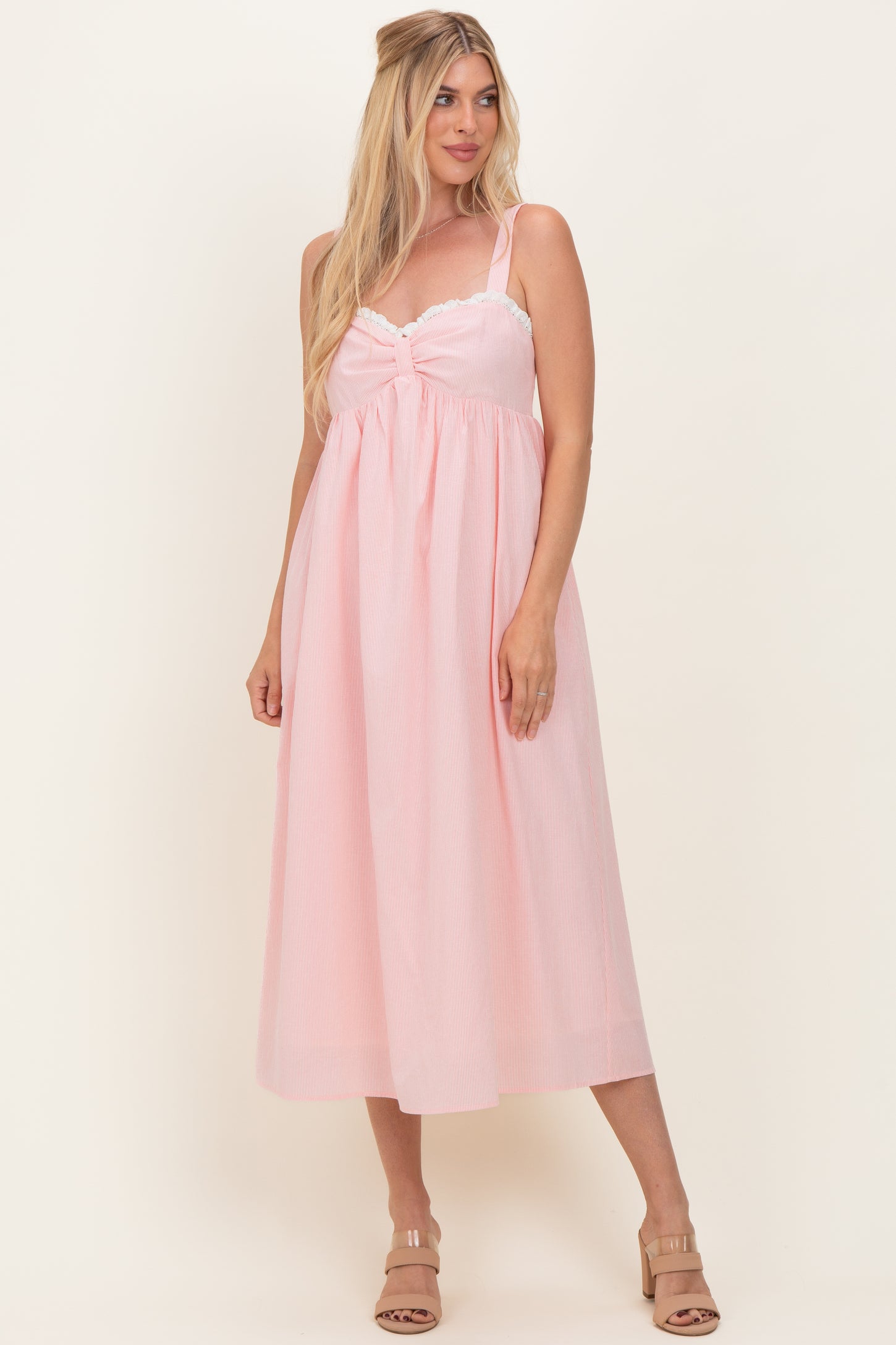 Peach Ruffle Trim Sweetheart Neckline Maternity Midi Dress