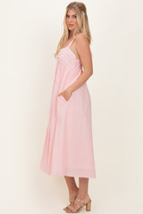 Peach Ruffle Trim Sweetheart Neckline Midi Dress