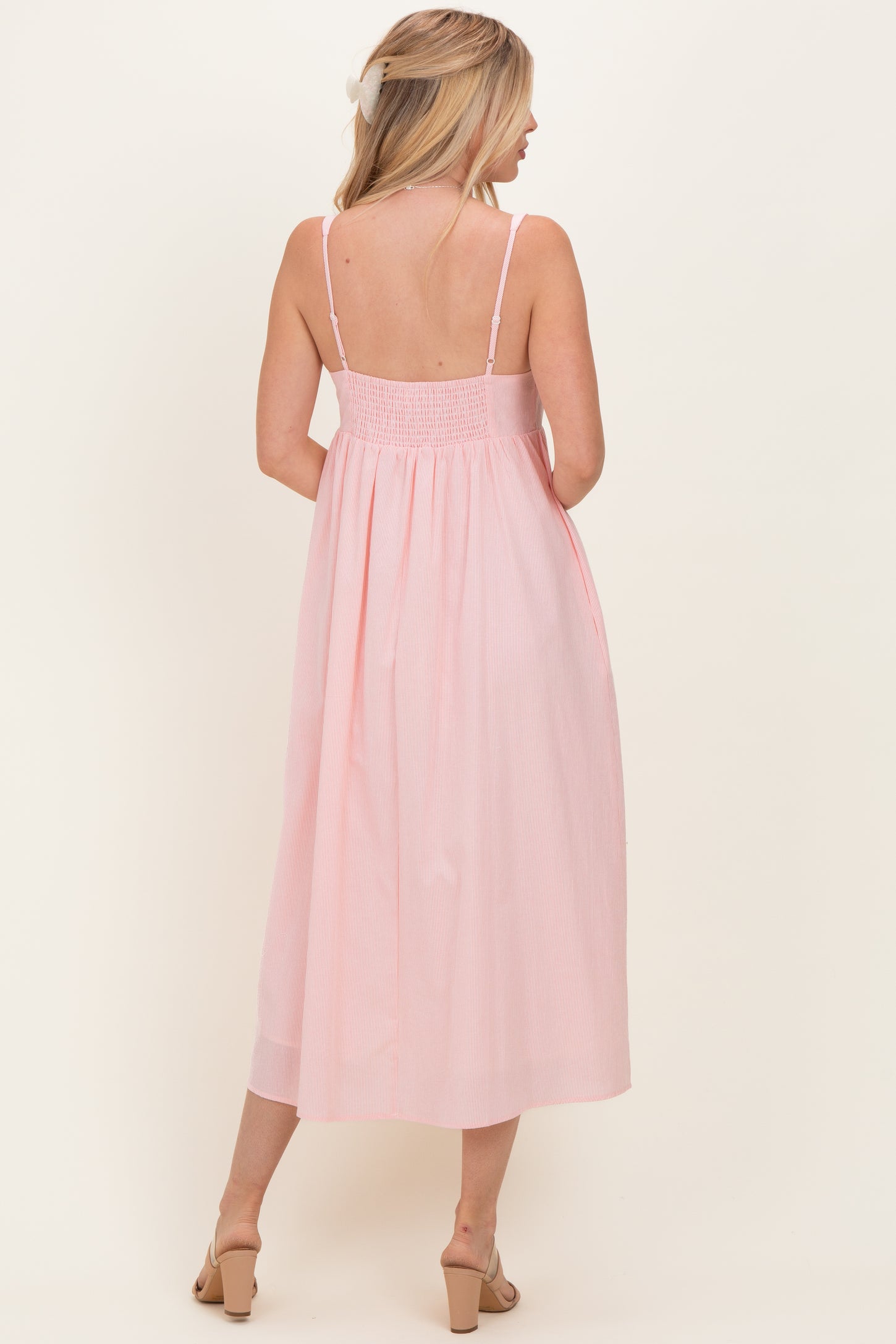 Peach Ruffle Trim Sweetheart Neckline Midi Dress