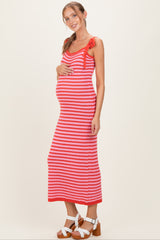 Pink Striped Knit Shoulder Tie Maternity Maxi Dress