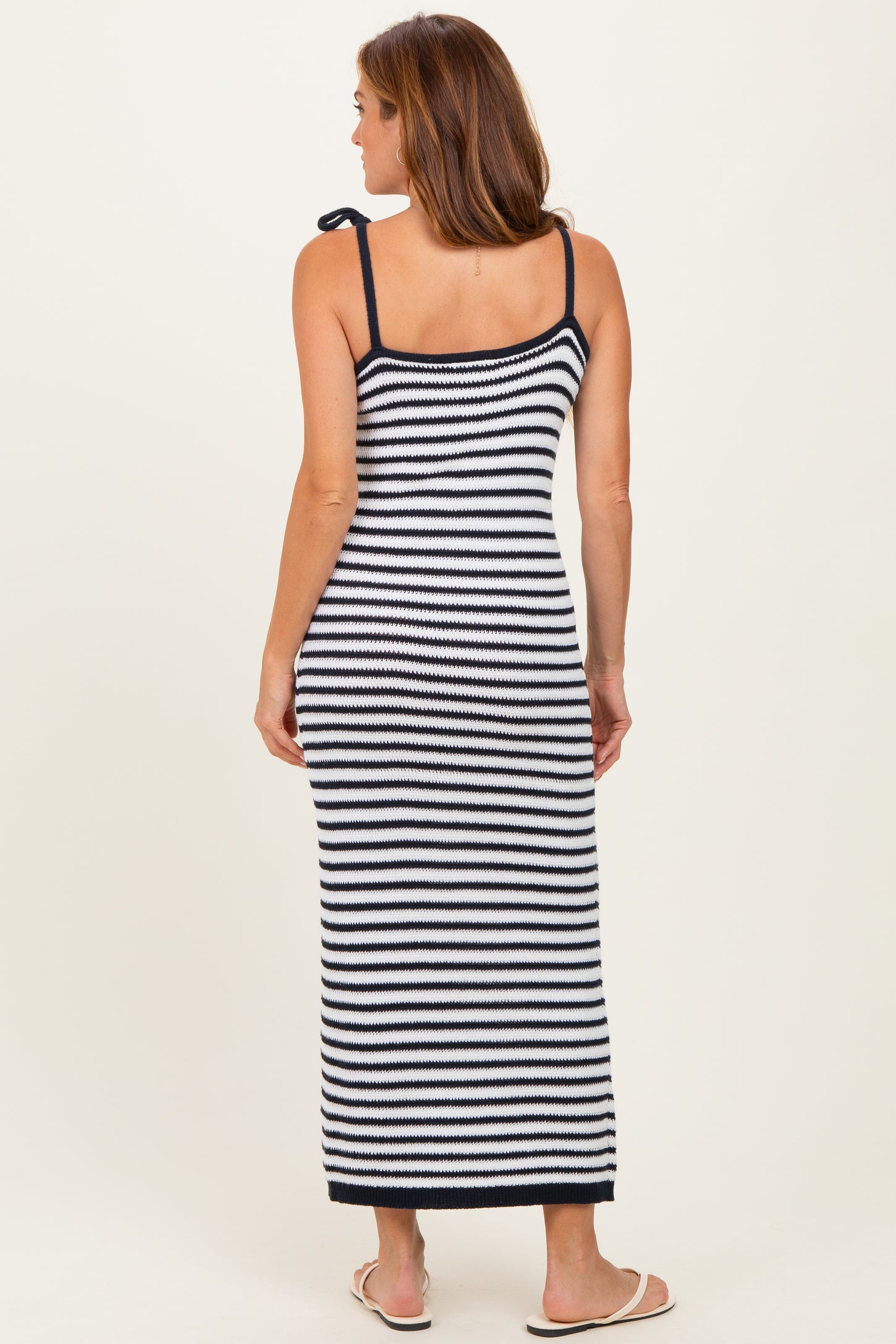 Navy Striped Knit Shoulder Tie Maxi Dress
