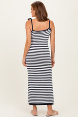 Navy Striped Knit Shoulder Tie Maxi Dress