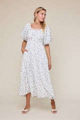 Ivory Floral Puff Sleeve Tie Front Maternity Midi Dress