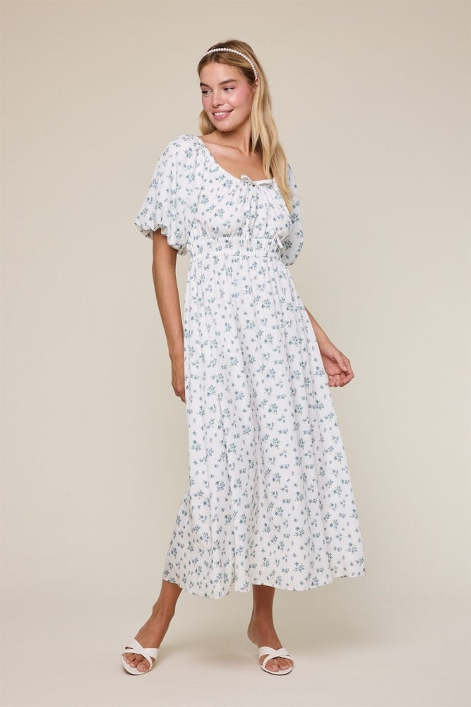 Ivory Floral Puff Sleeve Tie Front Midi Dress