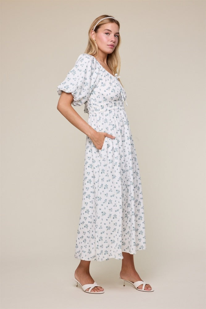 Ivory Floral Puff Sleeve Tie Front Midi Dress