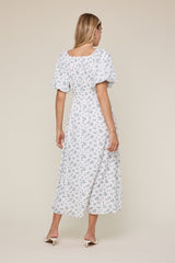 Ivory Floral Puff Sleeve Tie Front Midi Dress