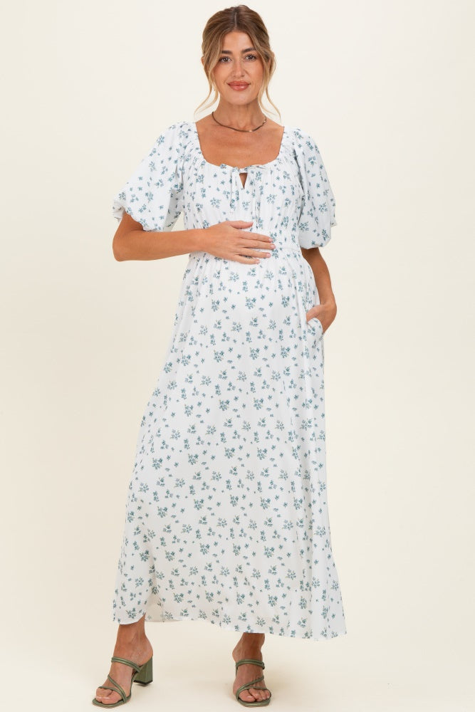Ivory Floral Puff Sleeve Tie Front Maternity Midi Dress