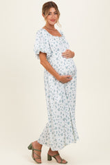 Ivory Floral Puff Sleeve Tie Front Maternity Midi Dress