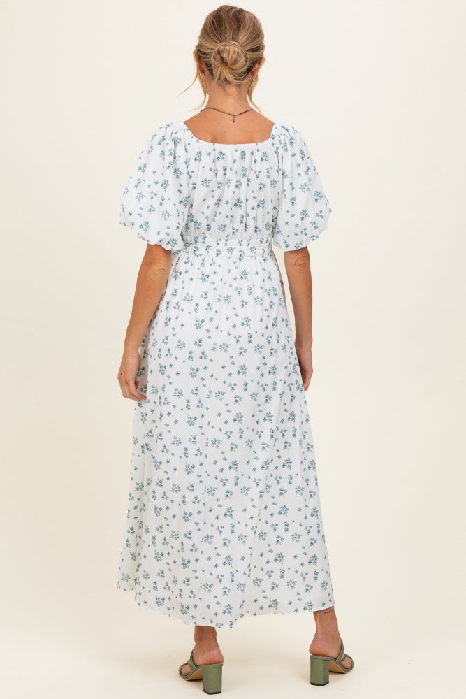 Ivory Floral Puff Sleeve Tie Front Maternity Midi Dress