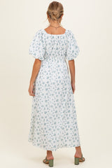 Ivory Floral Puff Sleeve Tie Front Maternity Midi Dress