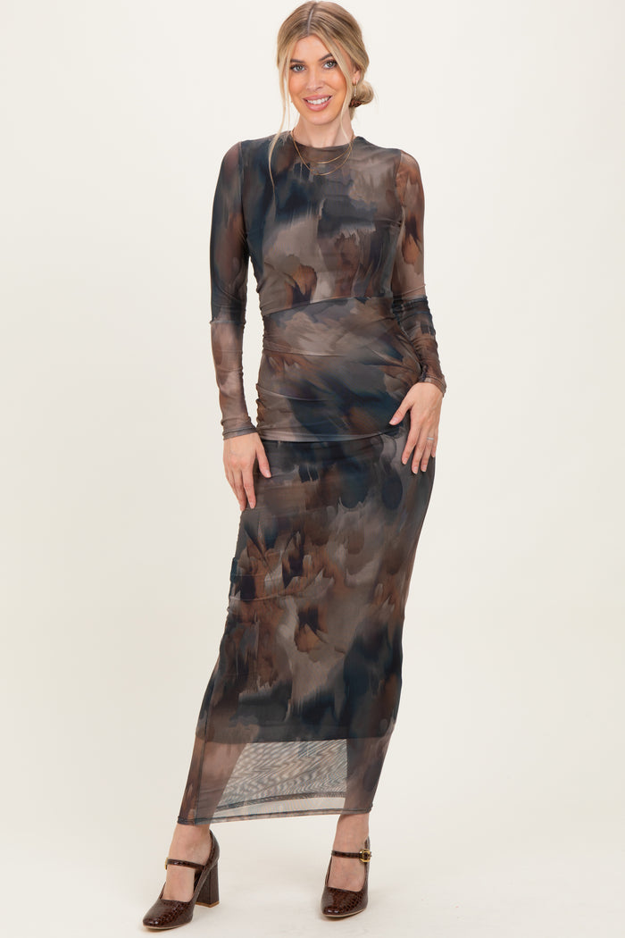 Brown Mesh Multicolor Brush Stroke Print Maxi Dress
