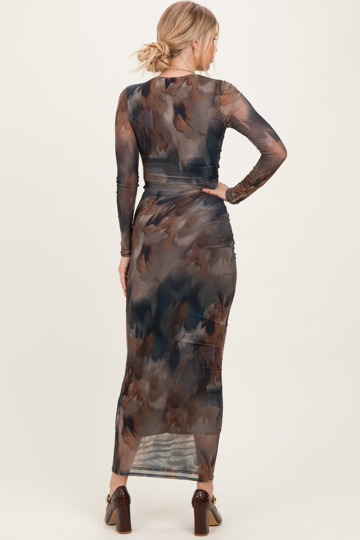 Brown Mesh Multicolor Brush Stroke Print Maxi Dress