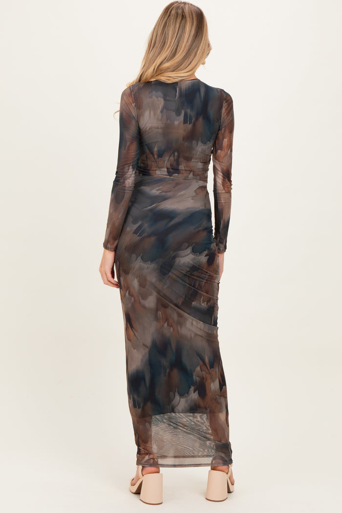 Brown Mesh Multicolor Brush Stroke Print Maternity Maxi Dress