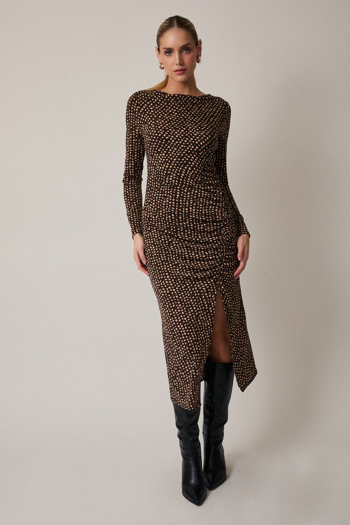 Brown Printed Ruched Side Slit Maternity Midi Dress