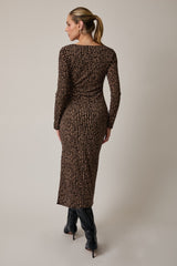 Brown Printed Ruched Side Slit Midi Dress