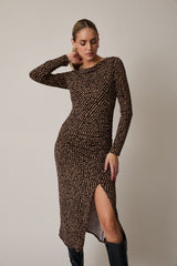 Brown Printed Ruched Side Slit Midi Dress