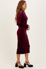 Burgundy Glitter Velvet Ruched Midi Dress