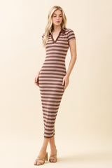 Light Pink Striped Collared Midi Dress