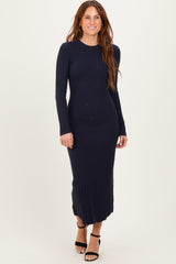 Navy Ribbed Knit Fitted Maternity Midi Sweater Dress