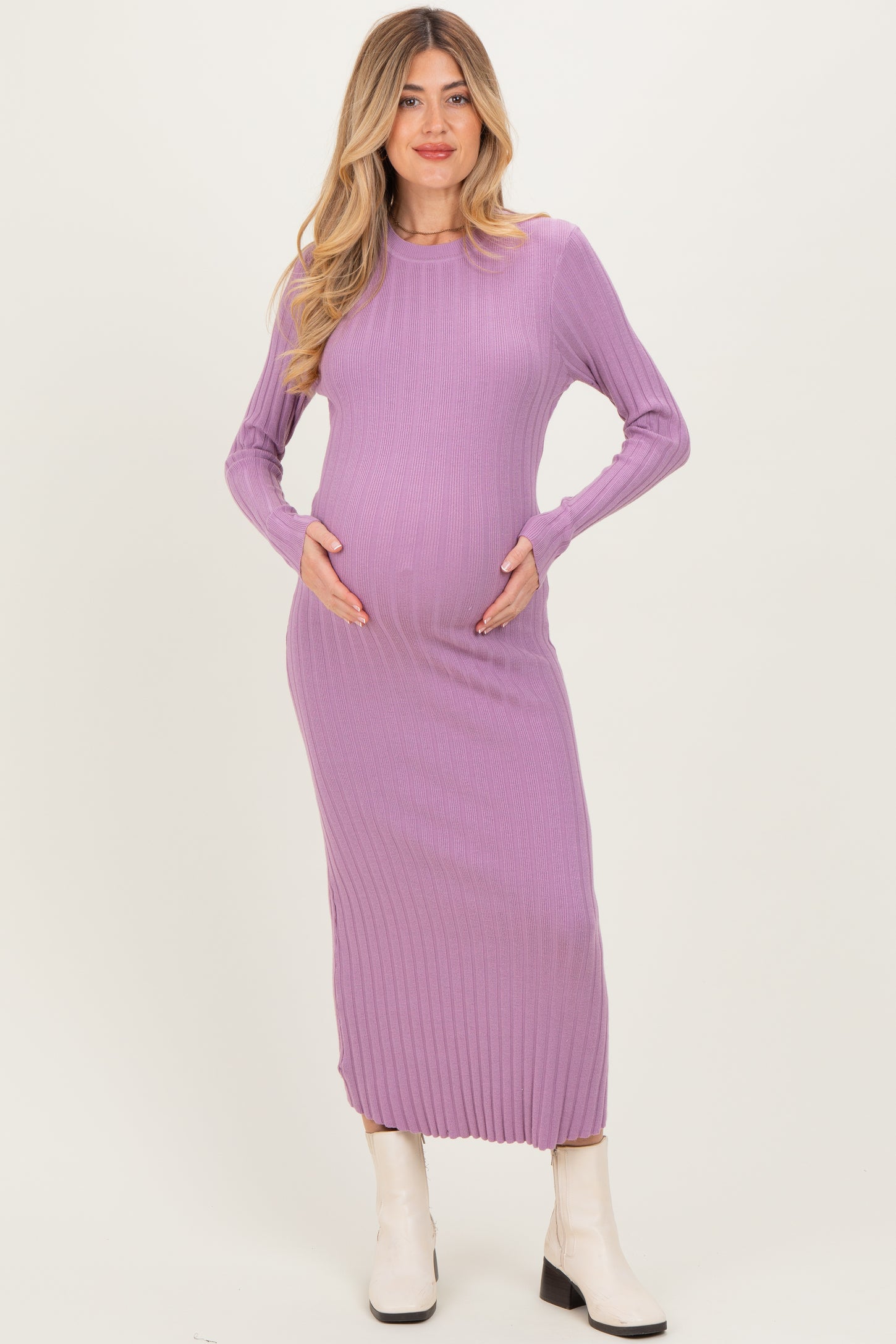 Purple Ribbed Knit Fitted Maternity Midi Sweater Dress
