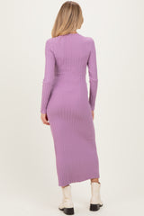 Purple Ribbed Knit Fitted Maternity Midi Sweater Dress
