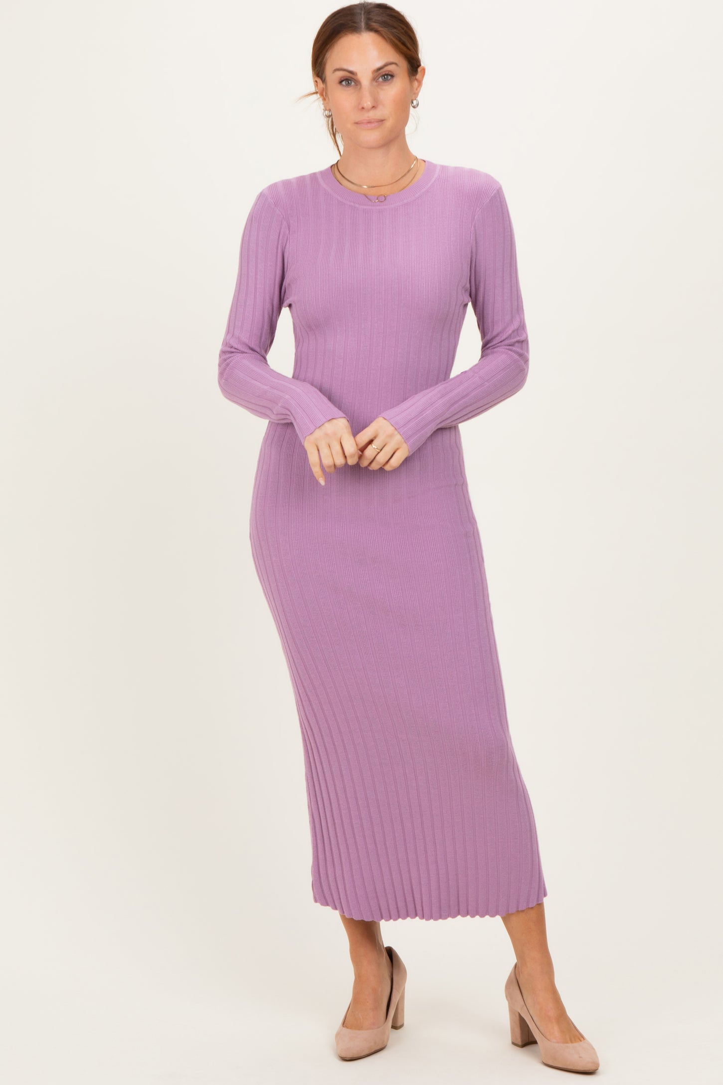 Purple Ribbed Knit Fitted Maternity Midi Sweater Dress