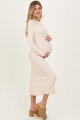 Cream Ribbed Knit Fitted Maternity Midi Sweater Dress