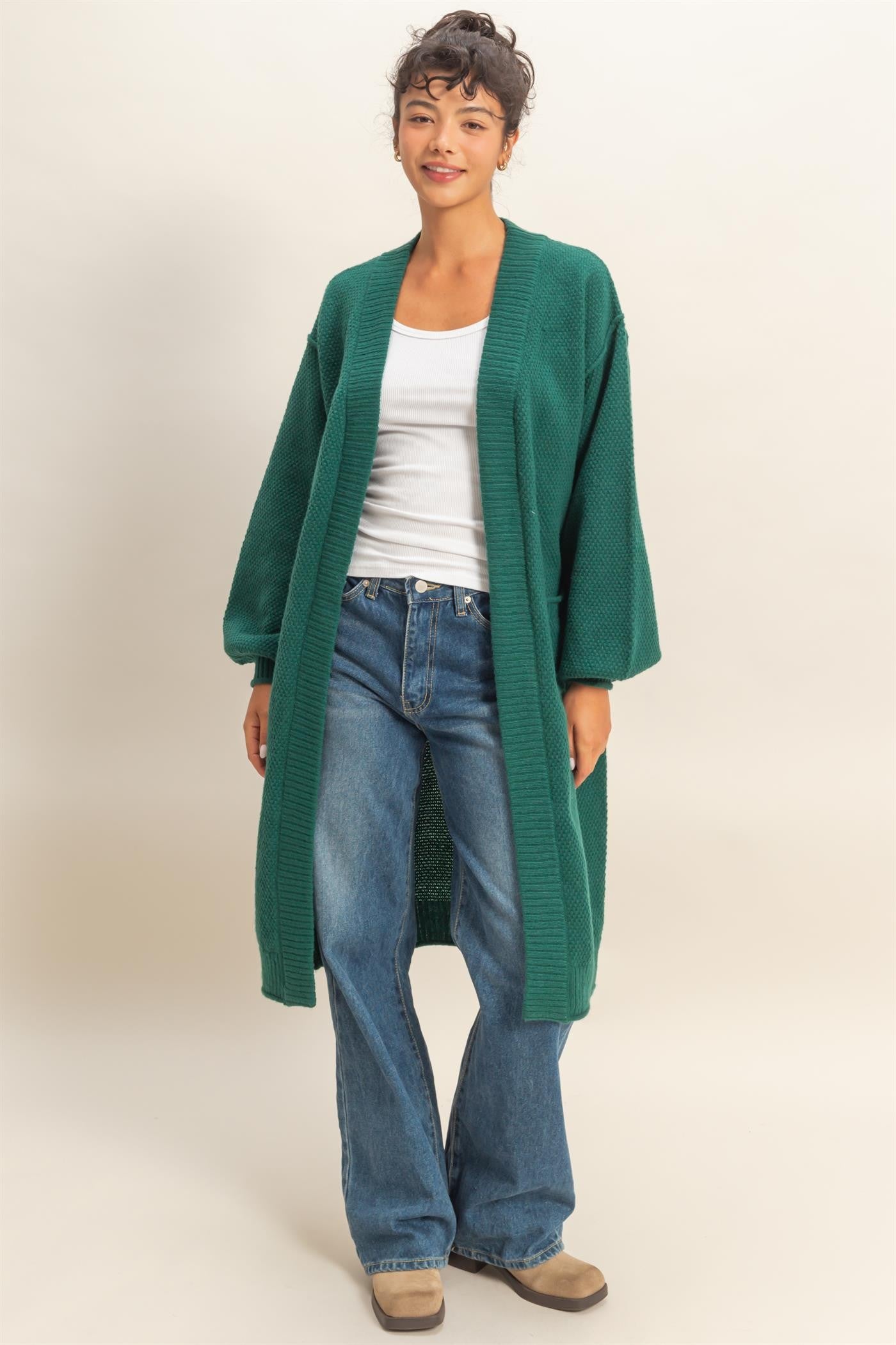 Forest Green Oversized Waffle Knit Long Maternity Cardigan