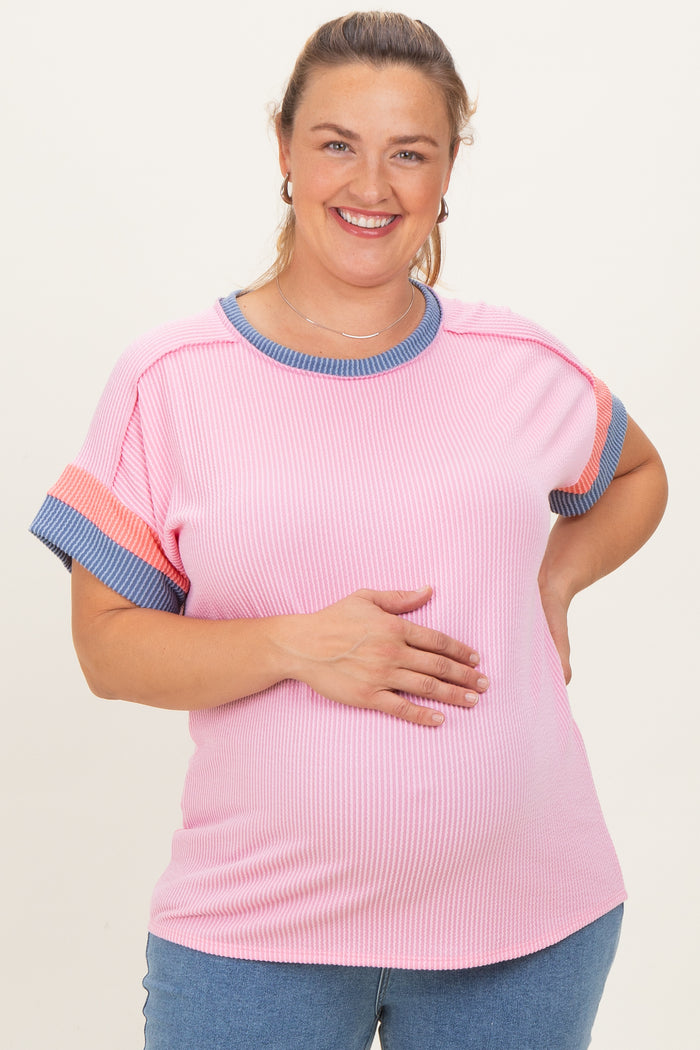 Pink Ribbed Colorblock Detail Maternity Plus Short Sleeve Top