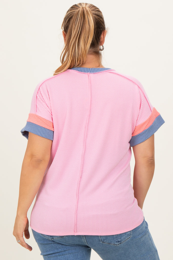 Pink Ribbed Colorblock Detail Maternity Plus Short Sleeve Top