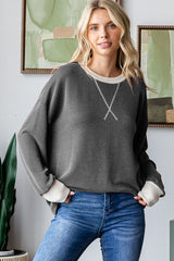 Charcoal Textured Rib Relaxed Fit Pullover Top